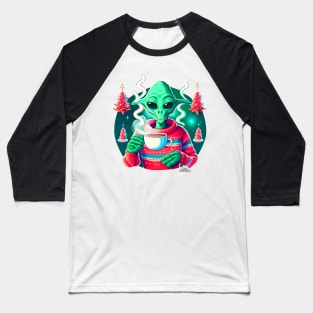 Christmas Funny Alien Drinking Coffee Wearing Sweater Baseball T-Shirt